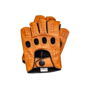 Women's Reverse Stitched Fingerless Leather Driving Gloves - Cognac/Black