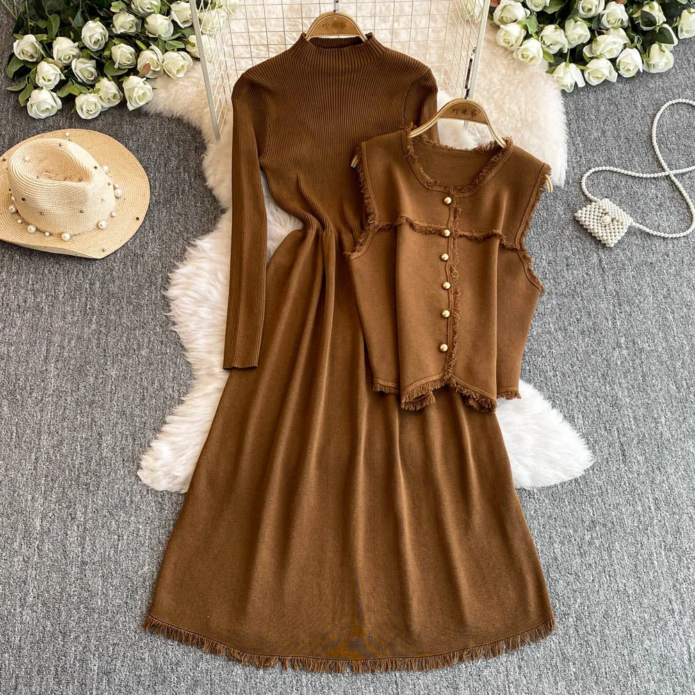 Woolen Vest&Sweater Dress Vintage 2Pcs